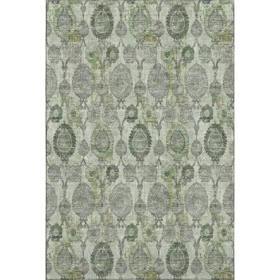 Green And Gray Damask Washable Area Rug With UV Protection Photo 1