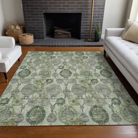 Green And Gray Damask Washable Area Rug With UV Protection Photo 5
