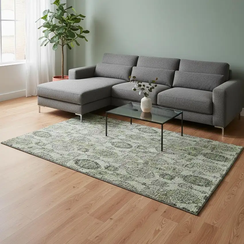 Green And Gray Damask Washable Area Rug With UV Protection Photo 2