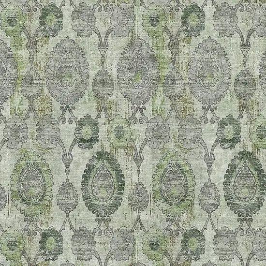Green And Gray Damask Washable Area Rug With UV Protection Photo 3