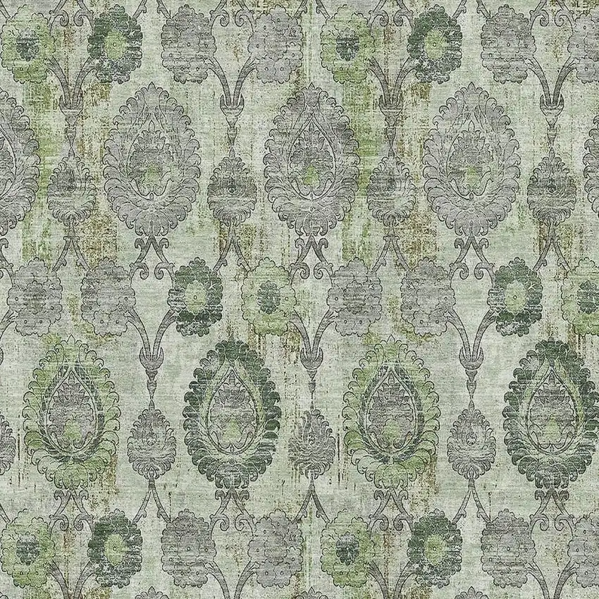 Green And Gray Damask Washable Area Rug With UV Protection Photo 3
