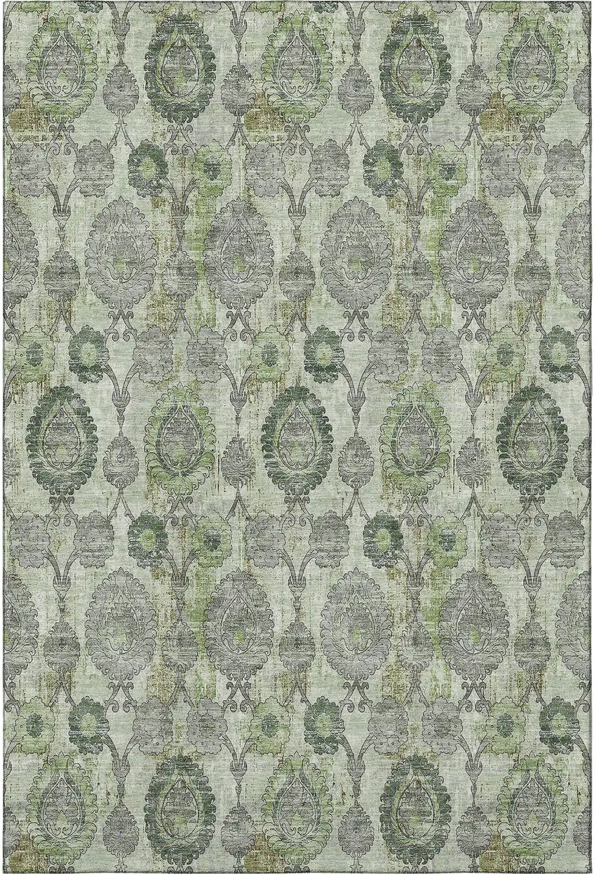 Green And Gray Damask Washable Area Rug With UV Protection Photo 4