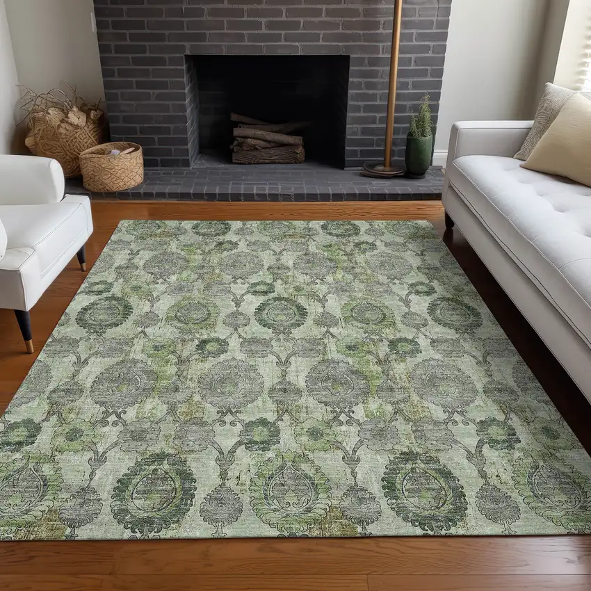 Green And Gray Damask Washable Area Rug With UV Protection Photo 5