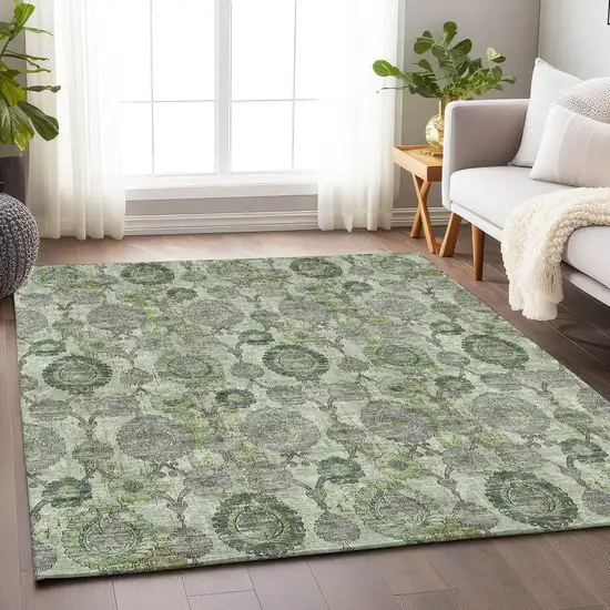 Green And Gray Damask Washable Area Rug With UV Protection Photo 6