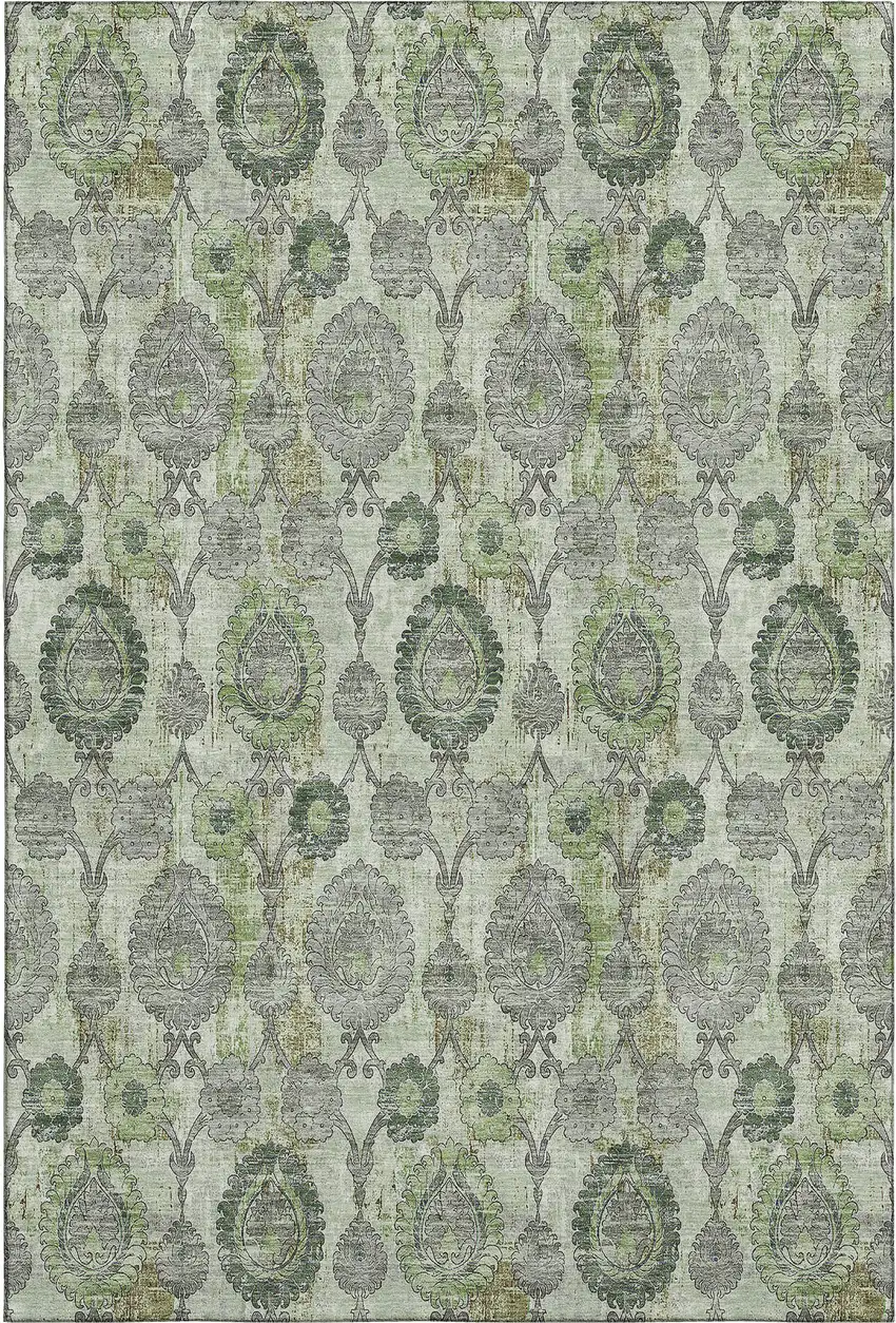 Green And Gray Damask Washable Area Rug With UV Protection Photo 1