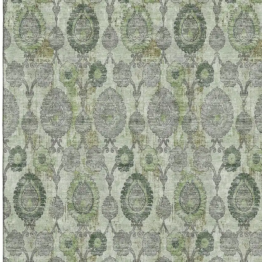 Green And Gray Damask Washable Area Rug With UV Protection Photo 3