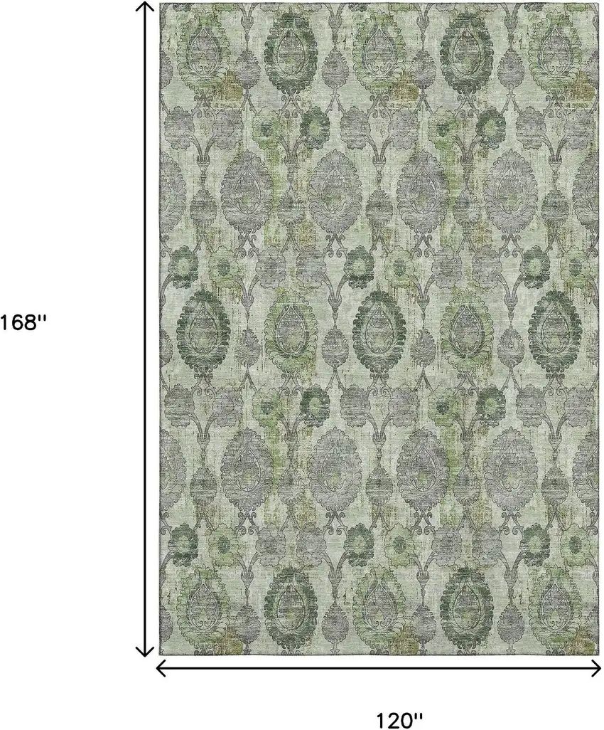 Green And Gray Damask Washable Area Rug With UV Protection Photo 3