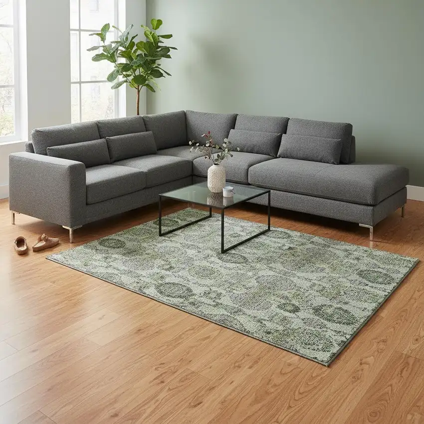 Green And Gray Damask Washable Area Rug With UV Protection Photo 2