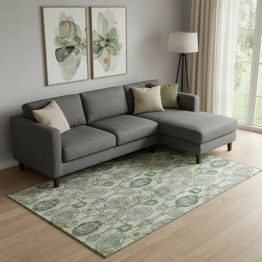 Green And Gray Damask Washable Area Rug With UV Protection Photo 1