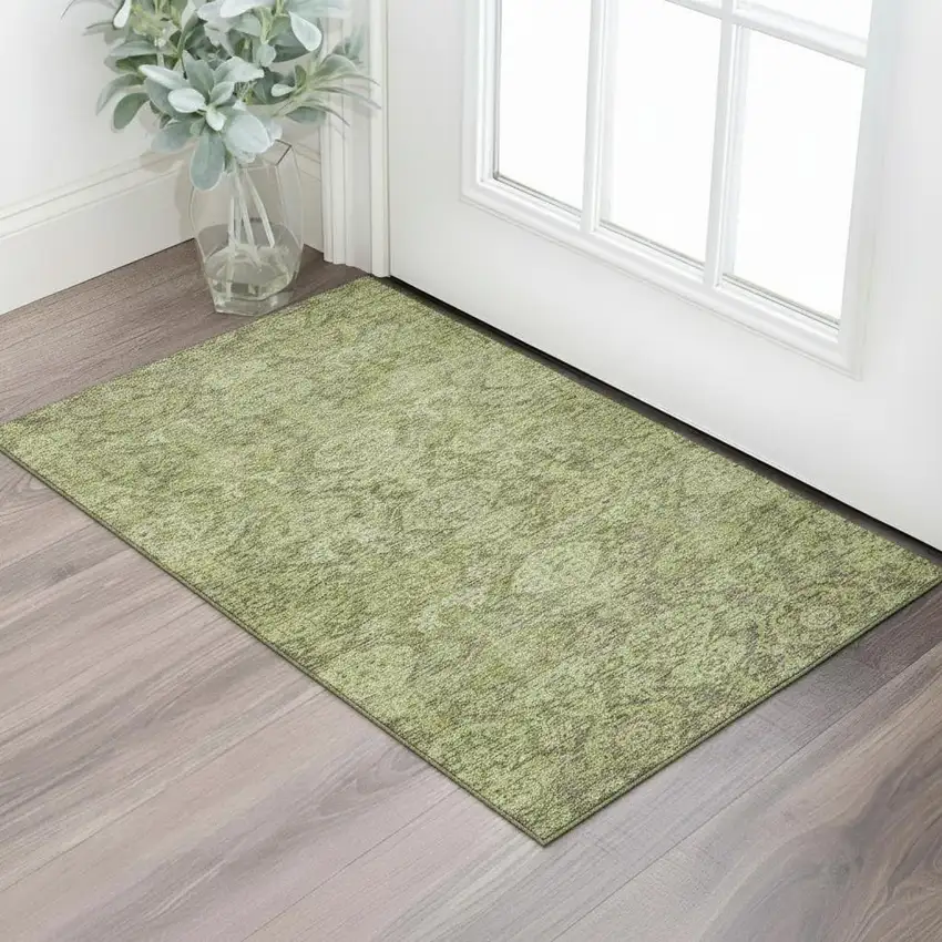 Green And Gray Damask Washable Area Rug With UV Protection Photo 2