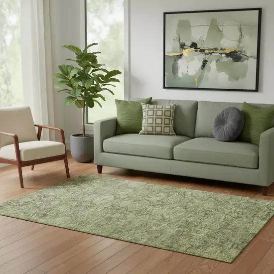 Green And Gray Damask Washable Area Rug With UV Protection Photo 2