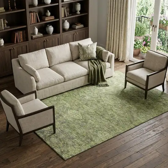 Green And Gray Damask Washable Area Rug With UV Protection Photo 1