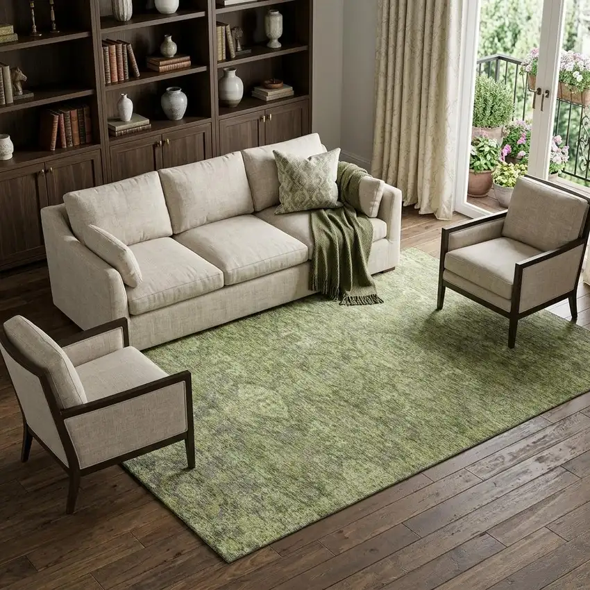 Green And Gray Damask Washable Area Rug With UV Protection Photo 1