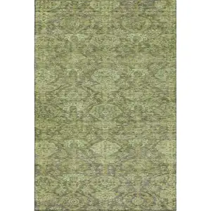Photo of Green And Gray Damask Washable Area Rug With UV Protection