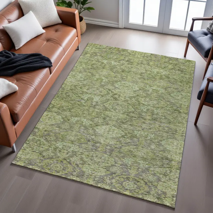 Green And Gray Damask Washable Area Rug With UV Protection Photo 5