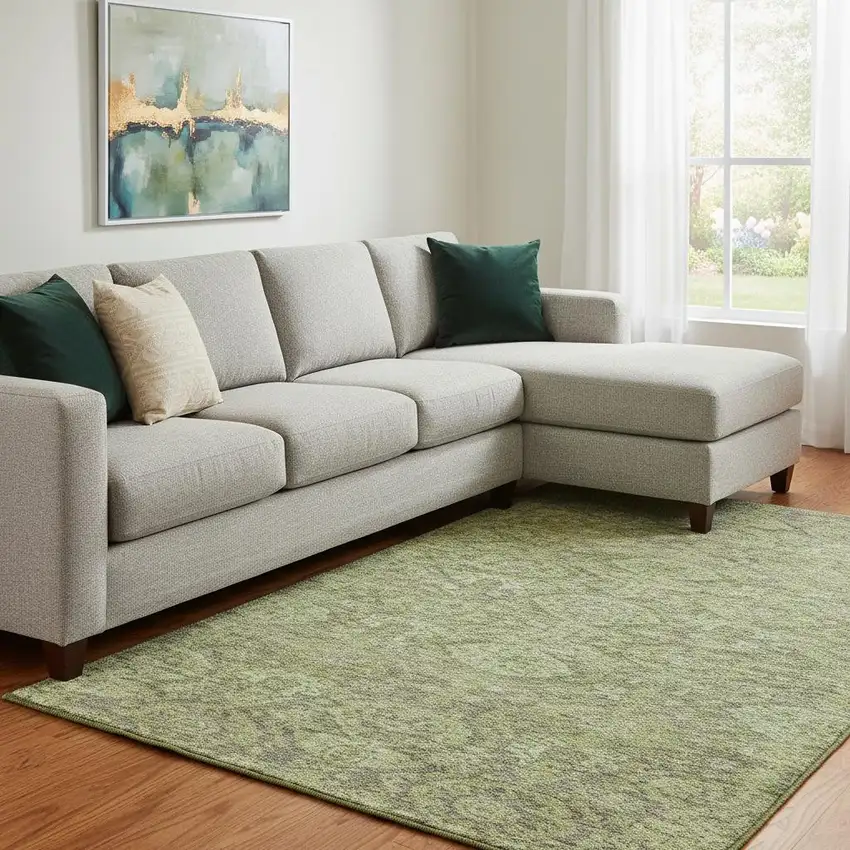 Green And Gray Damask Washable Area Rug With UV Protection Photo 2