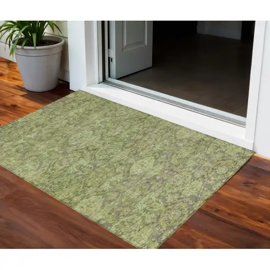 Green And Gray Damask Washable Indoor Outdoor Area Rug Photo 1