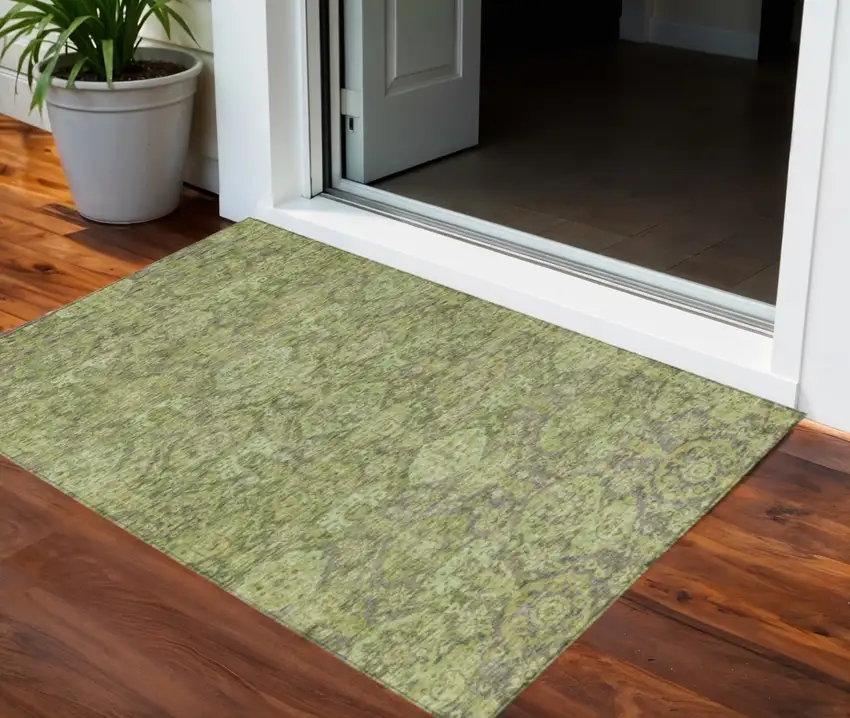 Green And Gray Damask Washable Indoor Outdoor Area Rug Photo 1