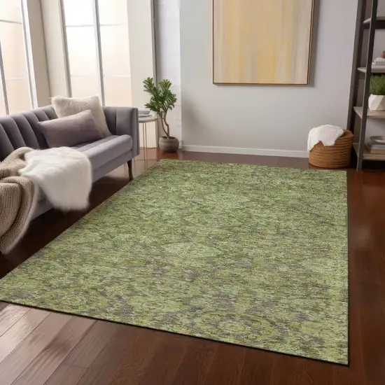 Green And Gray Damask Washable Indoor Outdoor Area Rug Photo 9