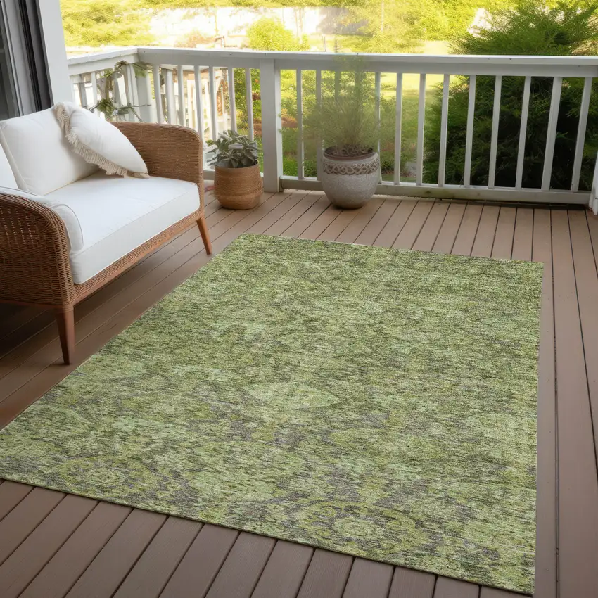 Green And Gray Damask Washable Indoor Outdoor Area Rug Photo 7