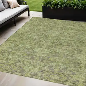 Photo of Green And Gray Damask Washable Indoor Outdoor Area Rug