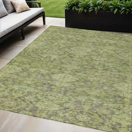 Green And Gray Damask Washable Indoor Outdoor Area Rug Photo 1