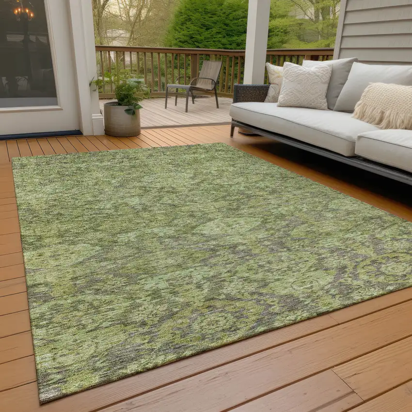 Green And Gray Damask Washable Indoor Outdoor Area Rug Photo 9