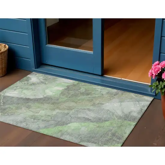 Green And Gray Floral Washable Indoor Outdoor Area Rug Photo 2