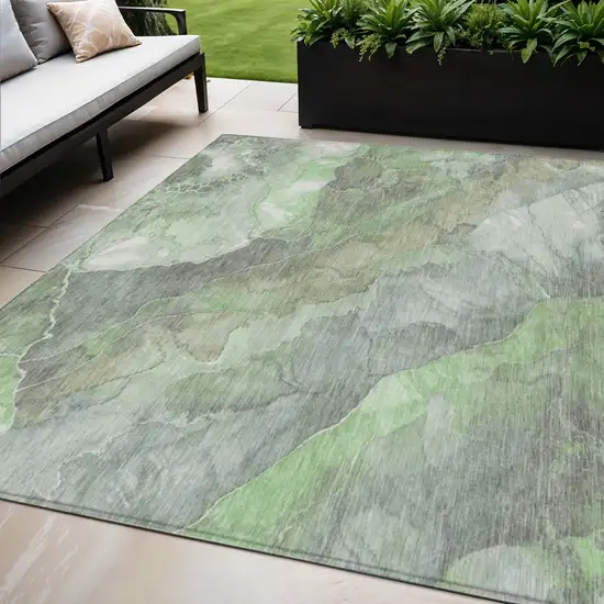 Green And Gray Floral Washable Indoor Outdoor Area Rug Photo 2