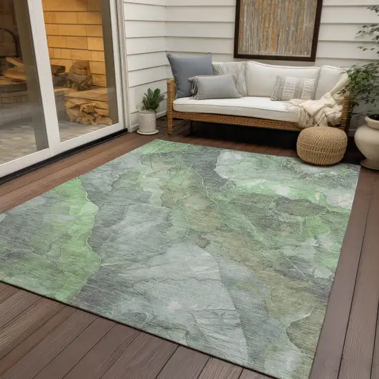 Green And Gray Floral Washable Indoor Outdoor Area Rug Photo 5
