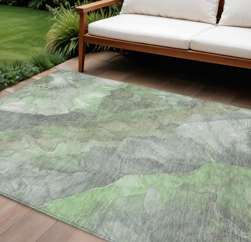 Green And Gray Floral Washable Indoor Outdoor Area Rug Photo 2