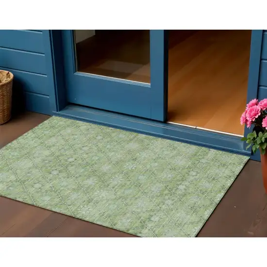 Green And Gray Floral Washable Indoor Outdoor Area Rug Photo 2