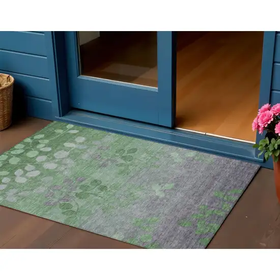 Green And Gray Floral Washable Indoor Outdoor Area Rug Photo 2