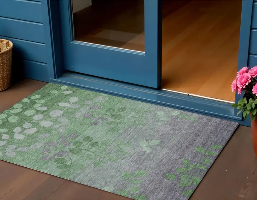 Green And Gray Floral Washable Indoor Outdoor Area Rug Photo 2
