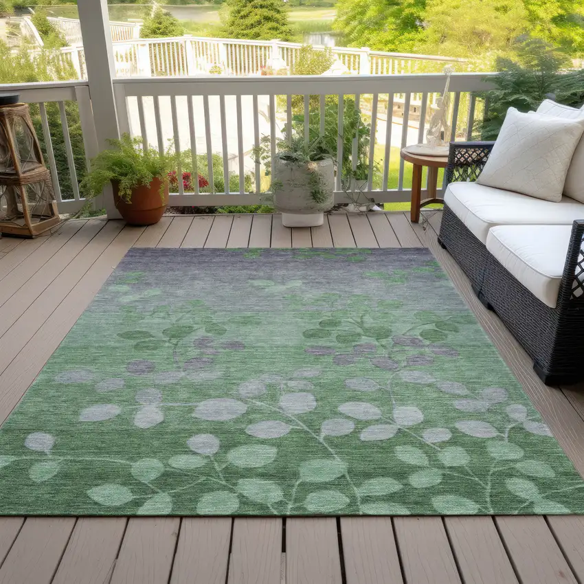 Green And Gray Floral Washable Indoor Outdoor Area Rug Photo 8