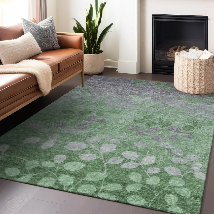 Green And Gray Floral Washable Indoor Outdoor Area Rug Photo 6