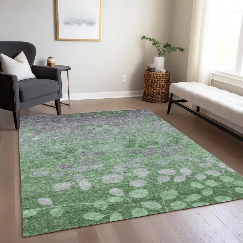 Green And Gray Floral Washable Indoor Outdoor Area Rug Photo 7