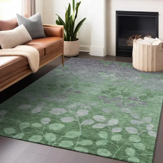Green And Gray Floral Washable Indoor Outdoor Area Rug Photo 6