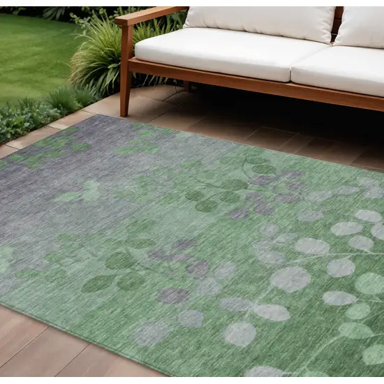 Green And Gray Floral Washable Indoor Outdoor Area Rug Photo 2