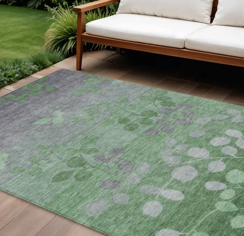 Green And Gray Floral Washable Indoor Outdoor Area Rug Photo 2