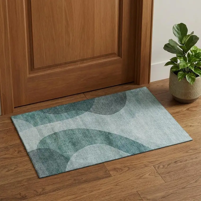 Green And Gray Geometric Washable Area Rug With UV Protection Photo 1