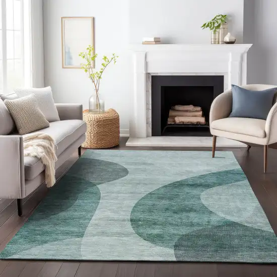 Green And Gray Geometric Washable Area Rug With UV Protection Photo 5