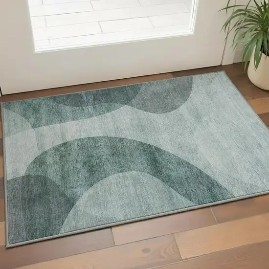 Green And Gray Geometric Washable Area Rug With UV Protection Photo 2