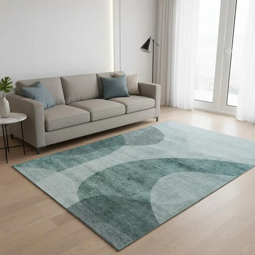 Green And Gray Geometric Washable Area Rug With UV Protection Photo 1