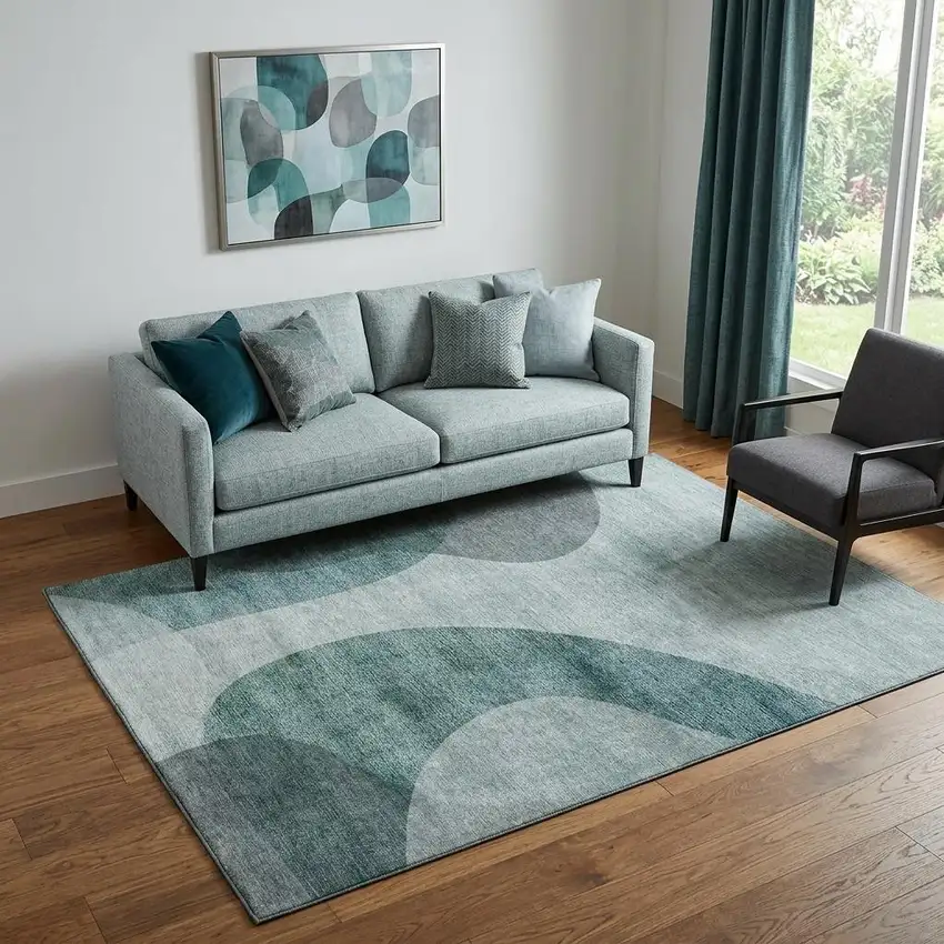 Green And Gray Geometric Washable Area Rug With UV Protection Photo 1