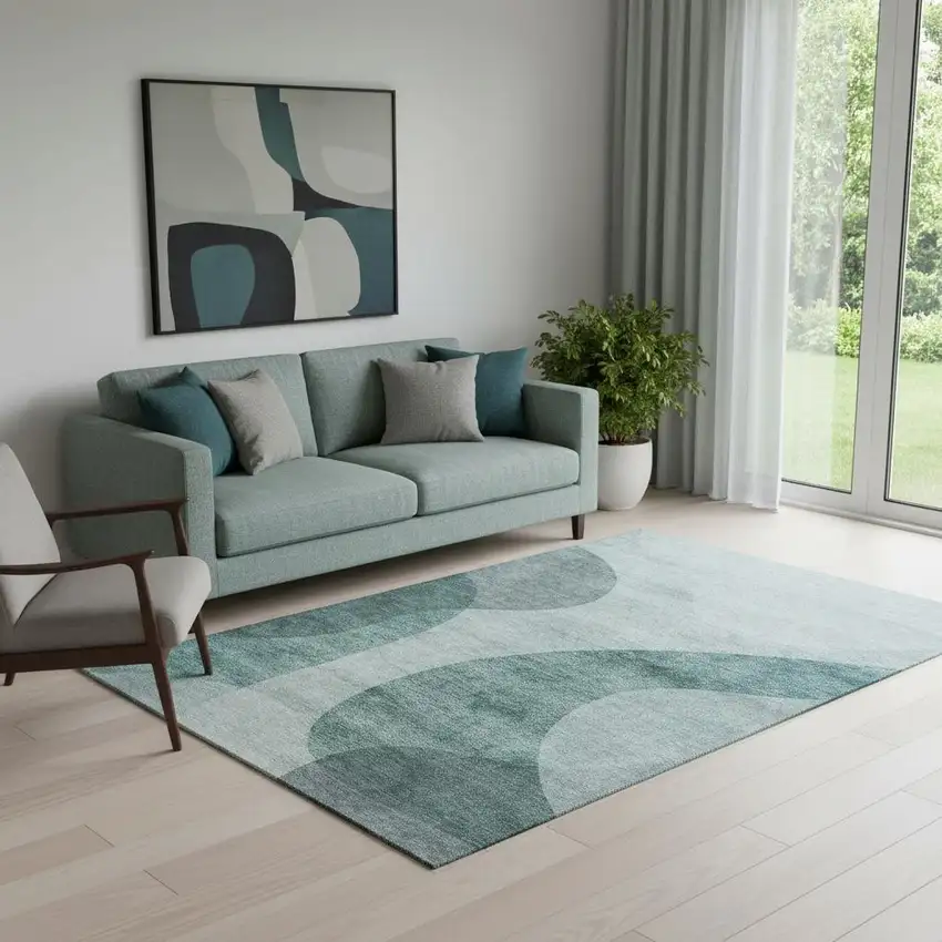 Green And Gray Geometric Washable Area Rug With UV Protection Photo 1