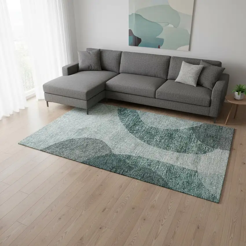 Green And Gray Geometric Washable Area Rug With UV Protection Photo 3