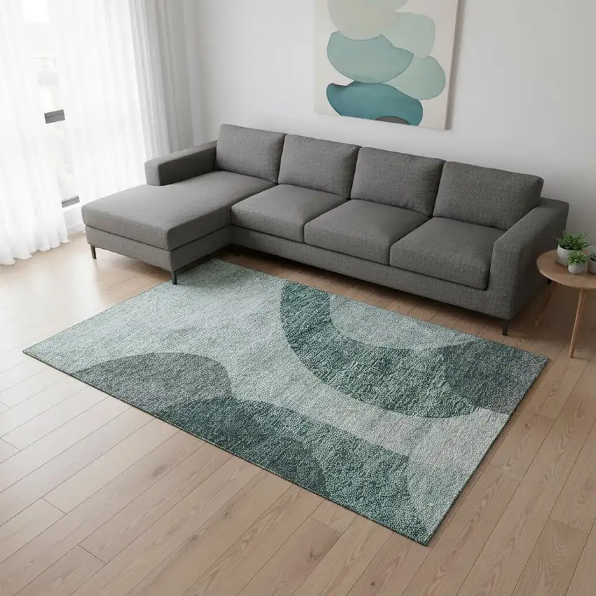 Green And Gray Geometric Washable Area Rug With UV Protection Photo 1