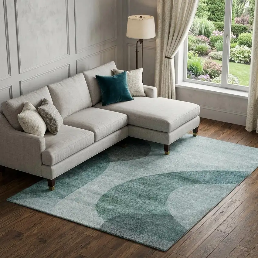 Green And Gray Geometric Washable Area Rug With UV Protection Photo 1
