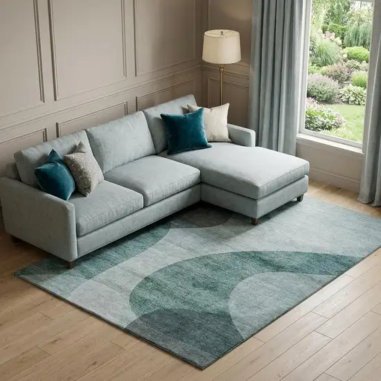 Green And Gray Geometric Washable Area Rug With UV Protection Photo 1